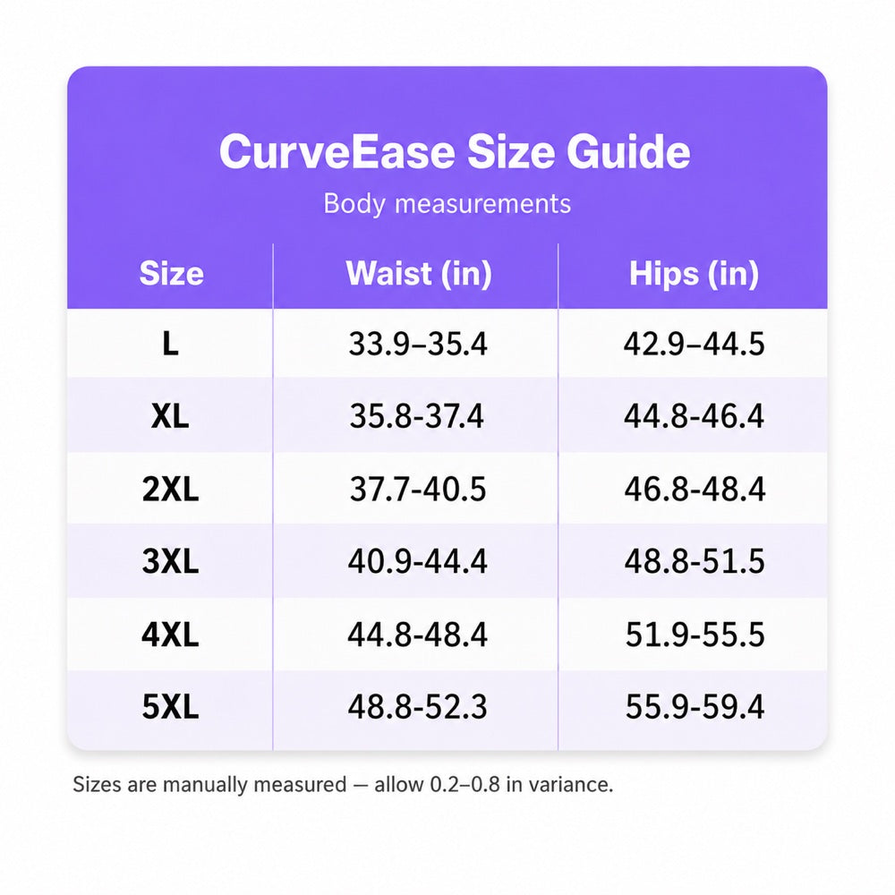 CurveEase size guide - body measurements by size